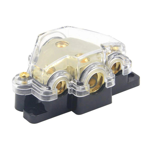 3 Way Distribution Block 2 AWG In, 2x 8 AWG Out, 1x 4 AWG Out Car Audio Amp Power Ground Distributor Gold