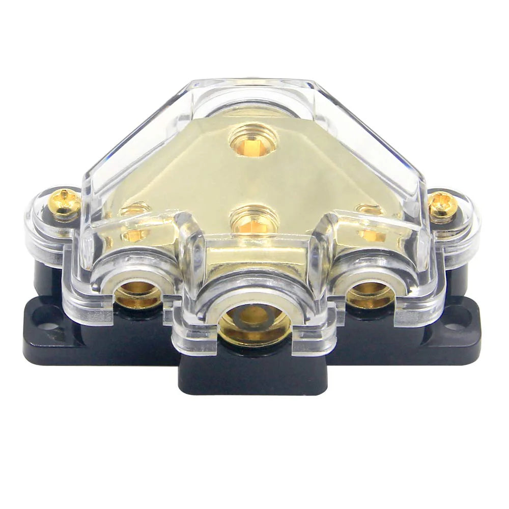 3 Way Distribution Block 2 AWG In, 2x 8 AWG Out, 1x 4 AWG Out Car Audio Amp Power Ground Distributor Gold
