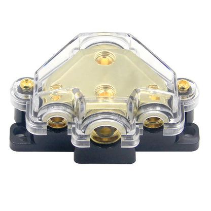 3 Way Distribution Block 2 AWG In, 2x 8 AWG Out, 1x 4 AWG Out Car Audio Amp Power Ground Distributor Gold