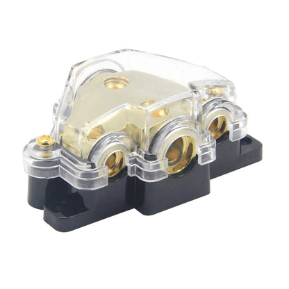3 Way Distribution Block 2 AWG In, 2x 8 AWG Out, 1x 4 AWG Out Car Audio Amp Power Ground Distributor Gold