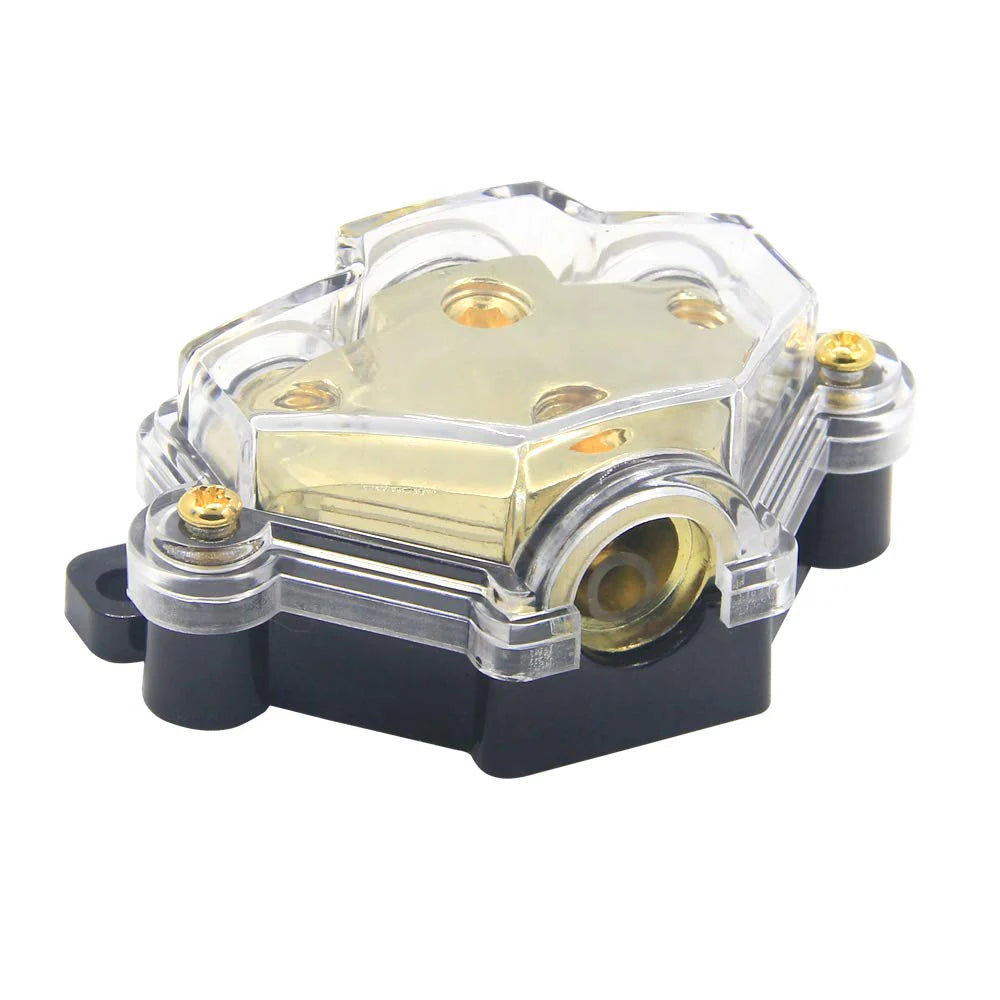 3 Way Distribution Block 2 AWG In, 2x 8 AWG Out, 1x 4 AWG Out Car Audio Amp Power Ground Distributor Gold
