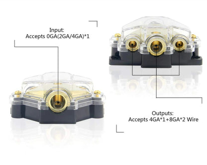 3 Way Distribution Block 2 AWG In, 2x 8 AWG Out, 1x 4 AWG Out Car Audio Amp Power Ground Distributor Gold