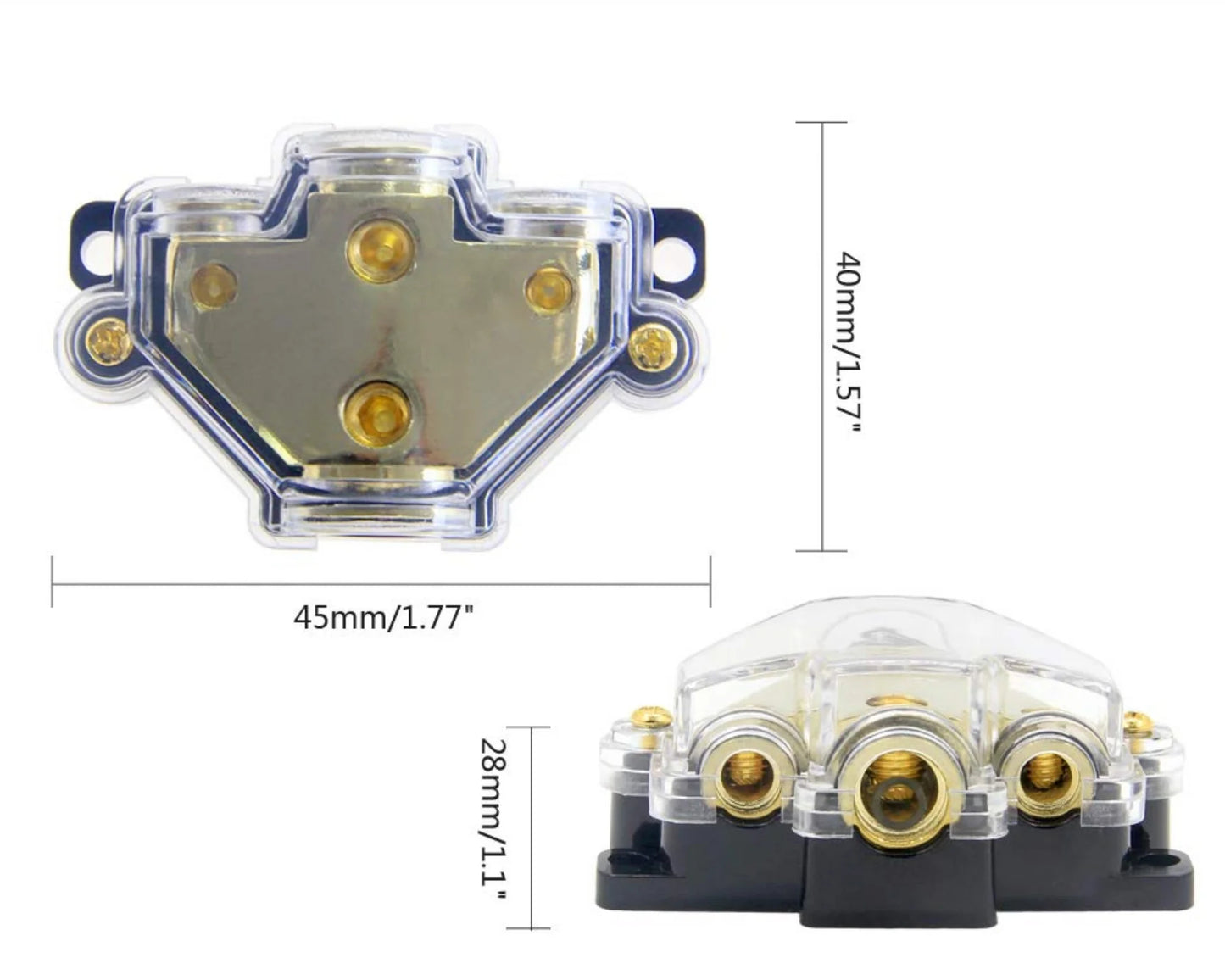 3 Way Distribution Block 2 AWG In, 2x 8 AWG Out, 1x 4 AWG Out Car Audio Amp Power Ground Distributor Gold