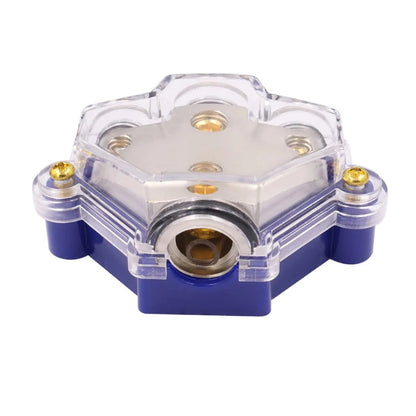 3 Way Distribution Block 2 AWG In, 2x 8 AWG Out, 1x 4 AWG Out Car Audio Amp Power Ground Distributor Blue
