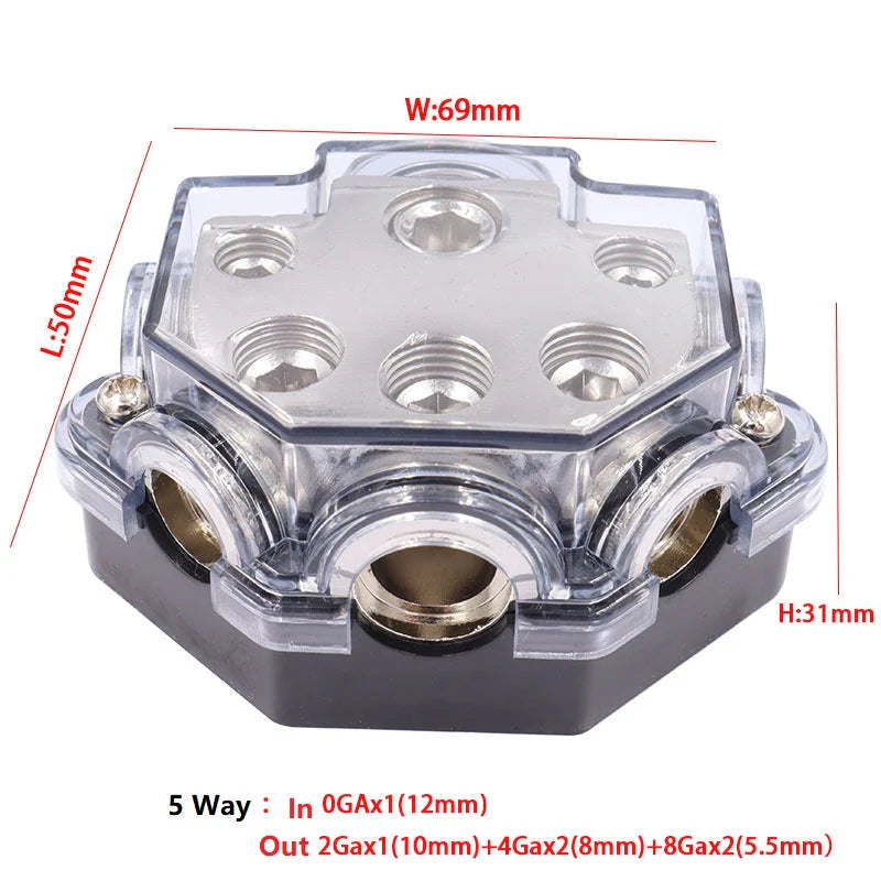 5 Way Distribution Block 0 AWG In, 2/4/8 AWG Out Car Audio Amp Power Ground Distributor Gray
