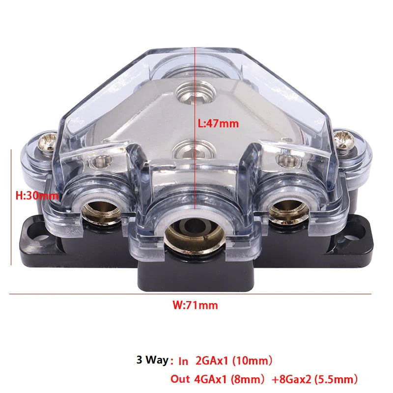 3 Way Distribution Block 2 AWG In, 2x 8 AWG Out, 1x 4 AWG Out Car Audio Amp Power Ground Distributor Gray