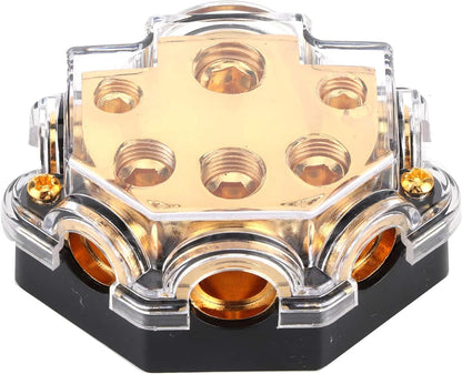 5 Way Distribution Block 0 AWG In, 2/4/8 AWG Out Car Audio Amp Power Ground Distributor Gold